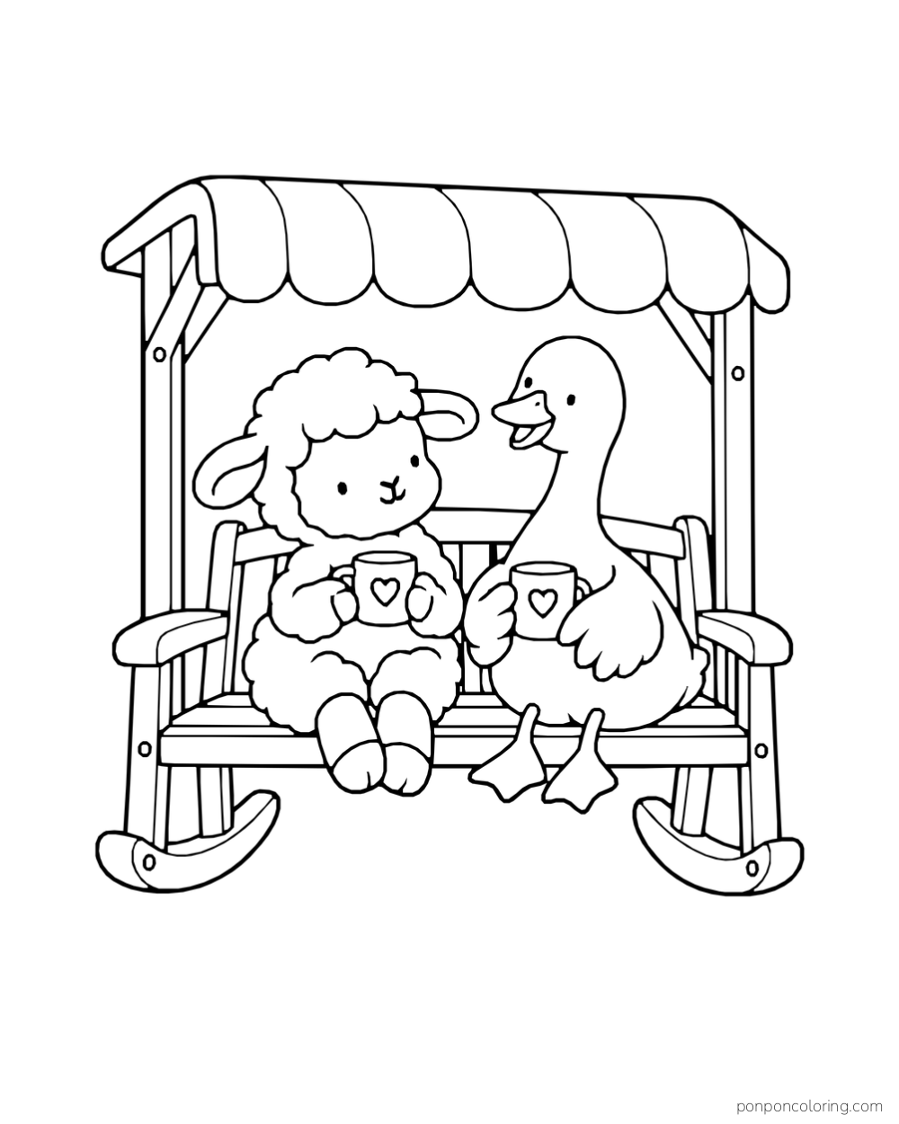 A sheep and goose hold heart-decorated cups on a covered rocking bench.