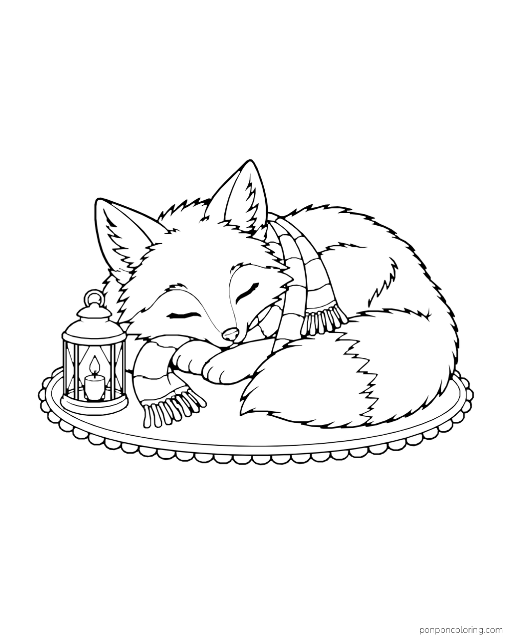 A sleeping fox curls its tail around itself beside a lantern and scarf.