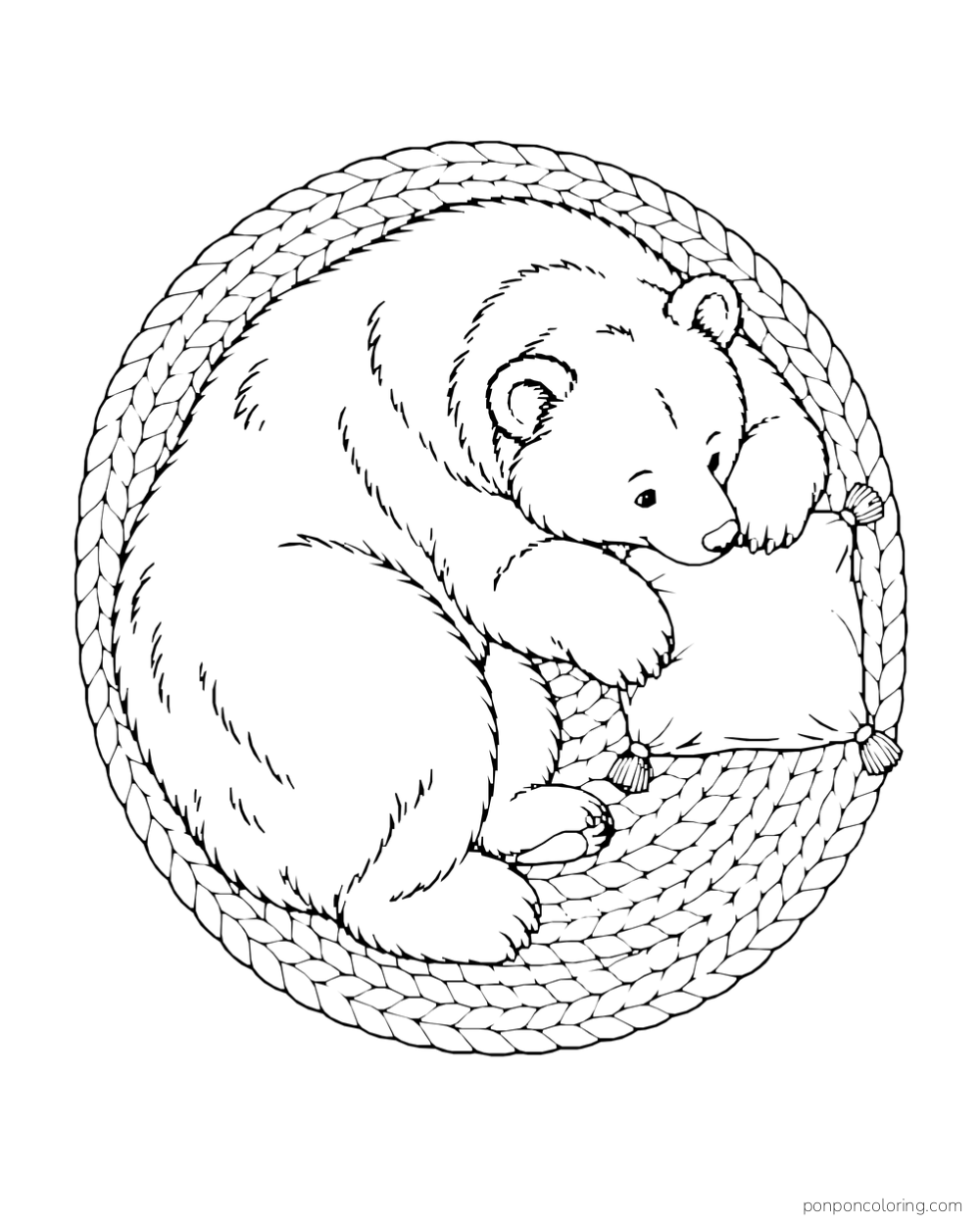 A bear curls inside a round woven nest beside a small cushion, viewed from above.