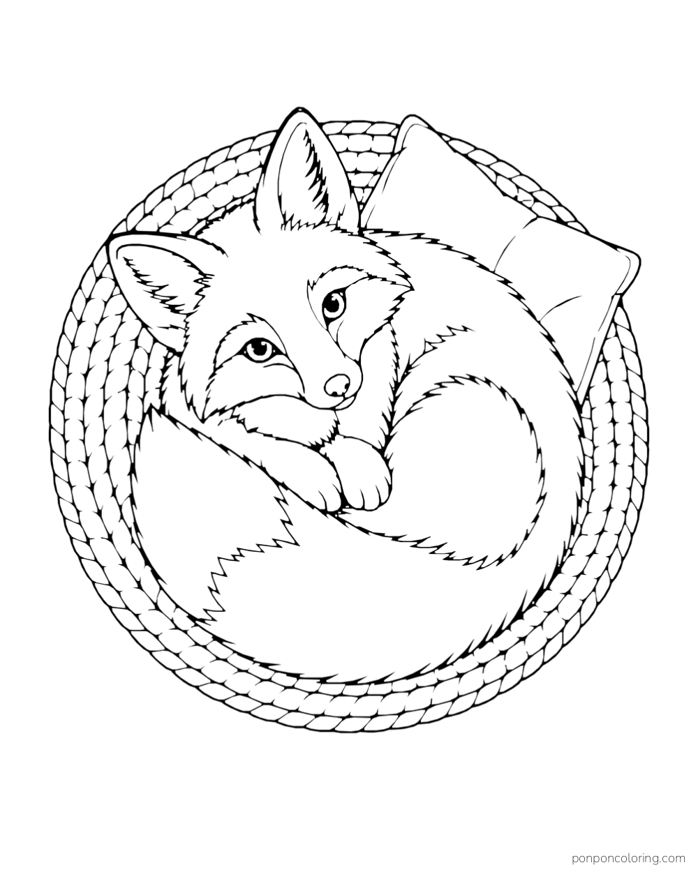 A fox curls into a round shape on a woven mat beside a cushion.