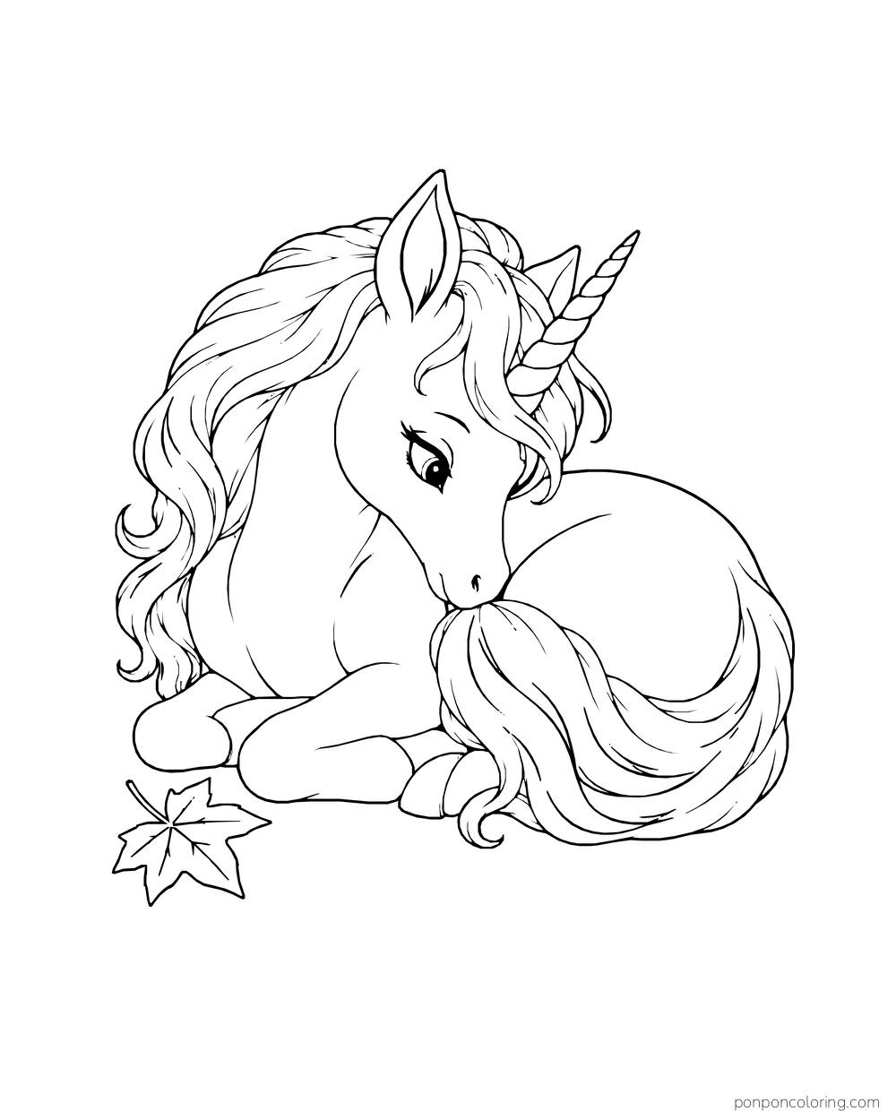 A small unicorn curls into a sleeping pose with its mane spread beside it.
