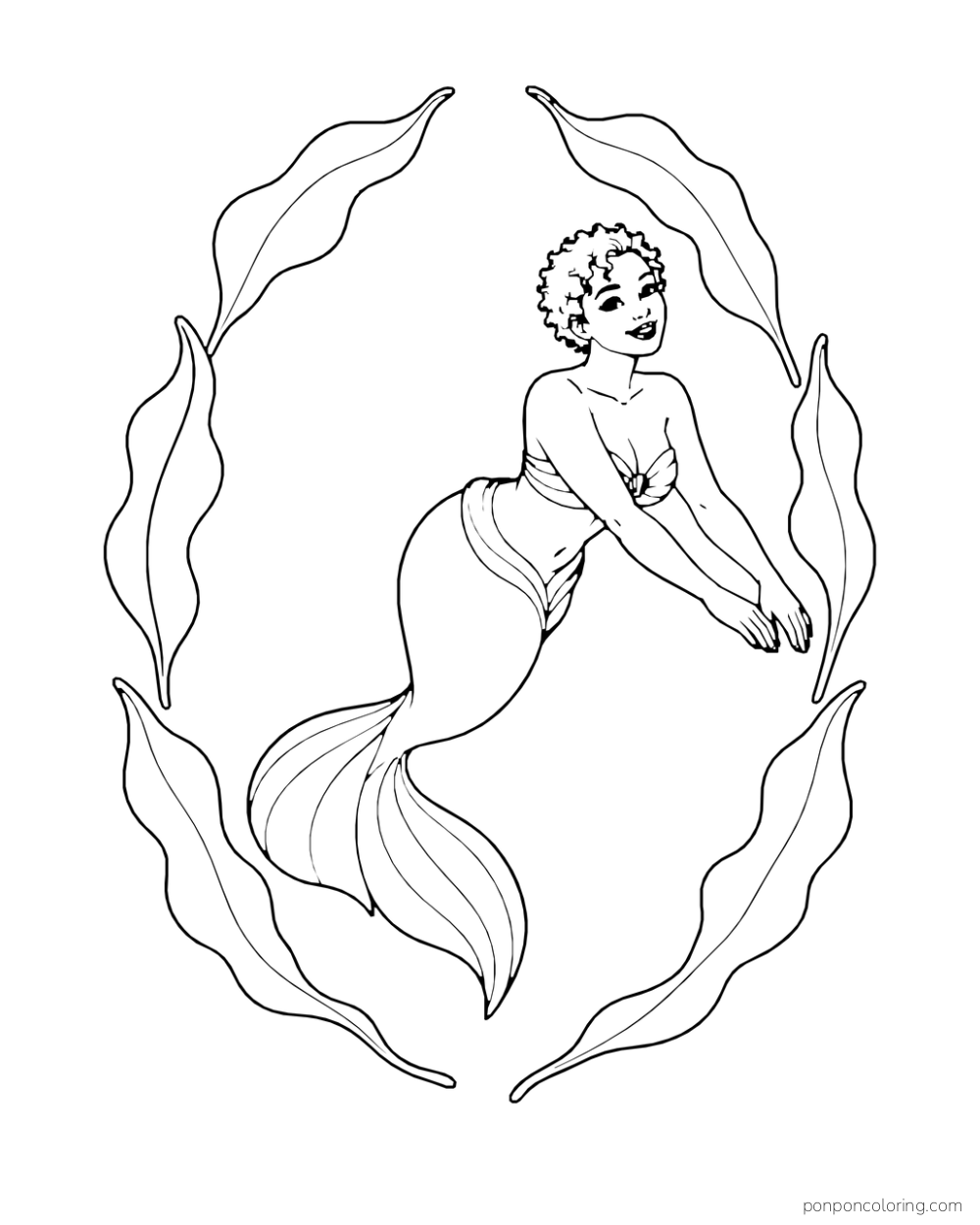 A curly-haired mermaid floats inside an open frame of six large kelp leaves.
