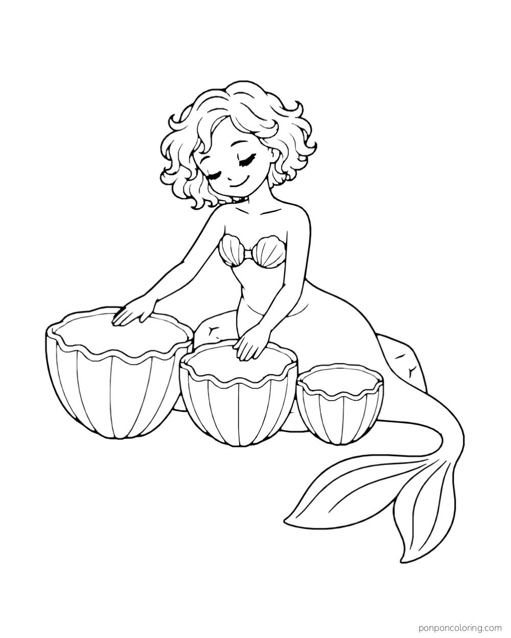 A curly-haired mermaid plays three rounded shell drums set in front of her.