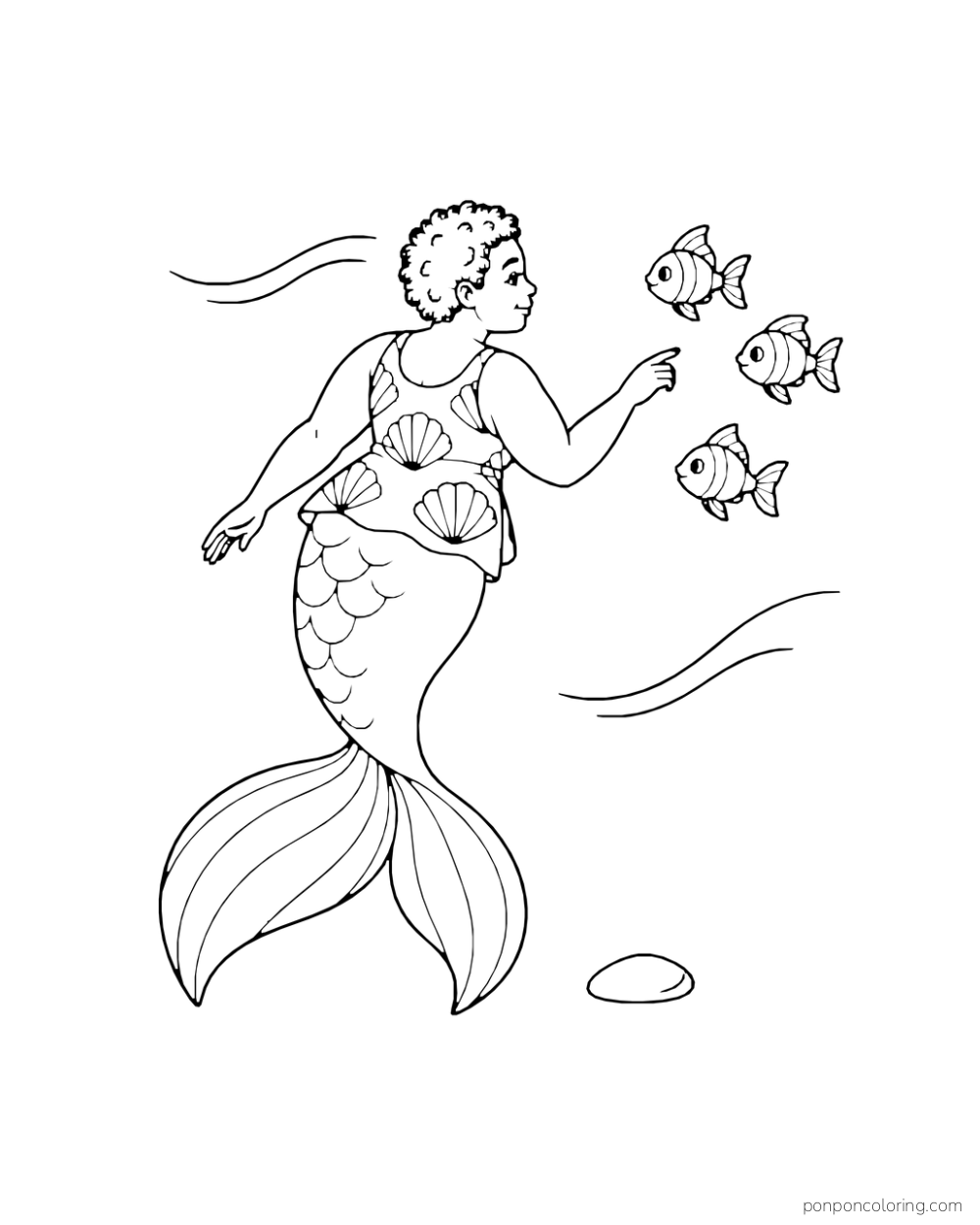 A short-curled mermaid points toward three striped fish swimming in a loose triangle, with a wide twin-lobed tail and sparse water ribbons.