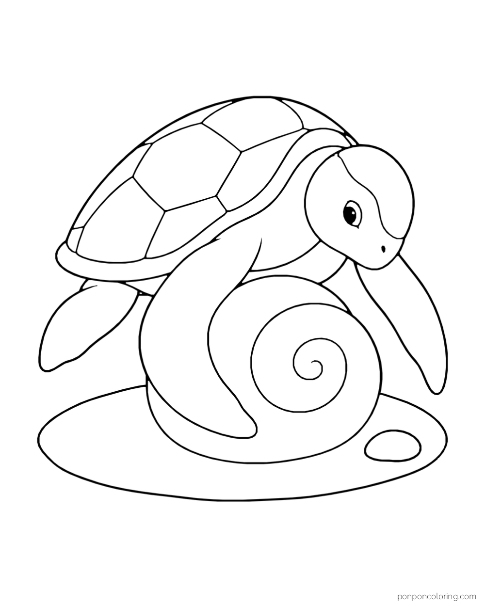 A sea turtle turns around a large spiral shell on a small sandy patch.