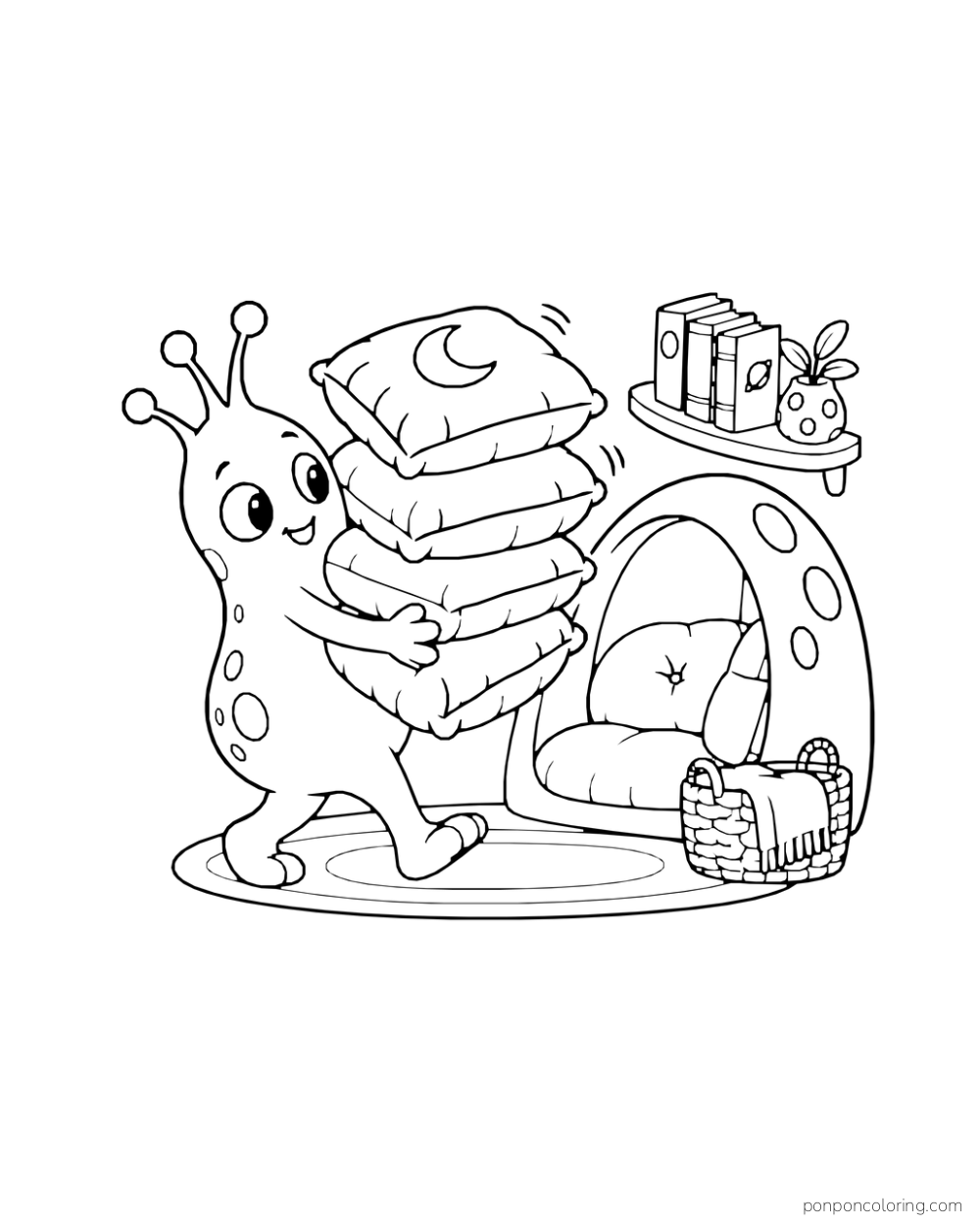 An alien carries a stack of cushions toward an arched reading nook.