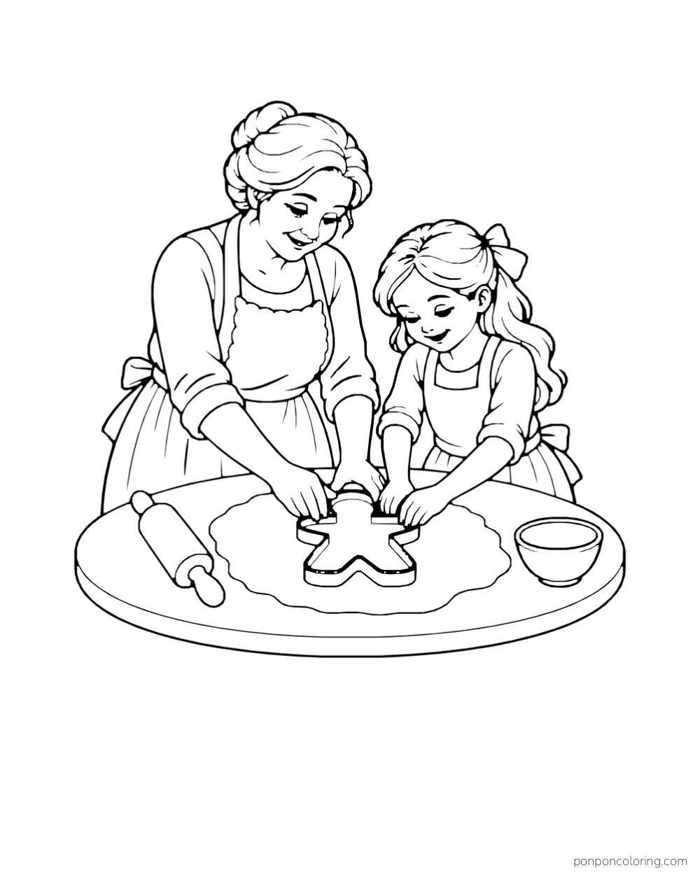 An adult and child press a star-shaped cutter into dough on a round table.