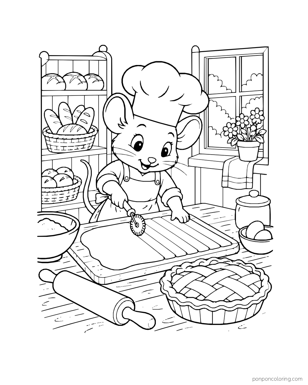 A mouse baker cuts broad pastry strips with a wheel beside a lattice pie.