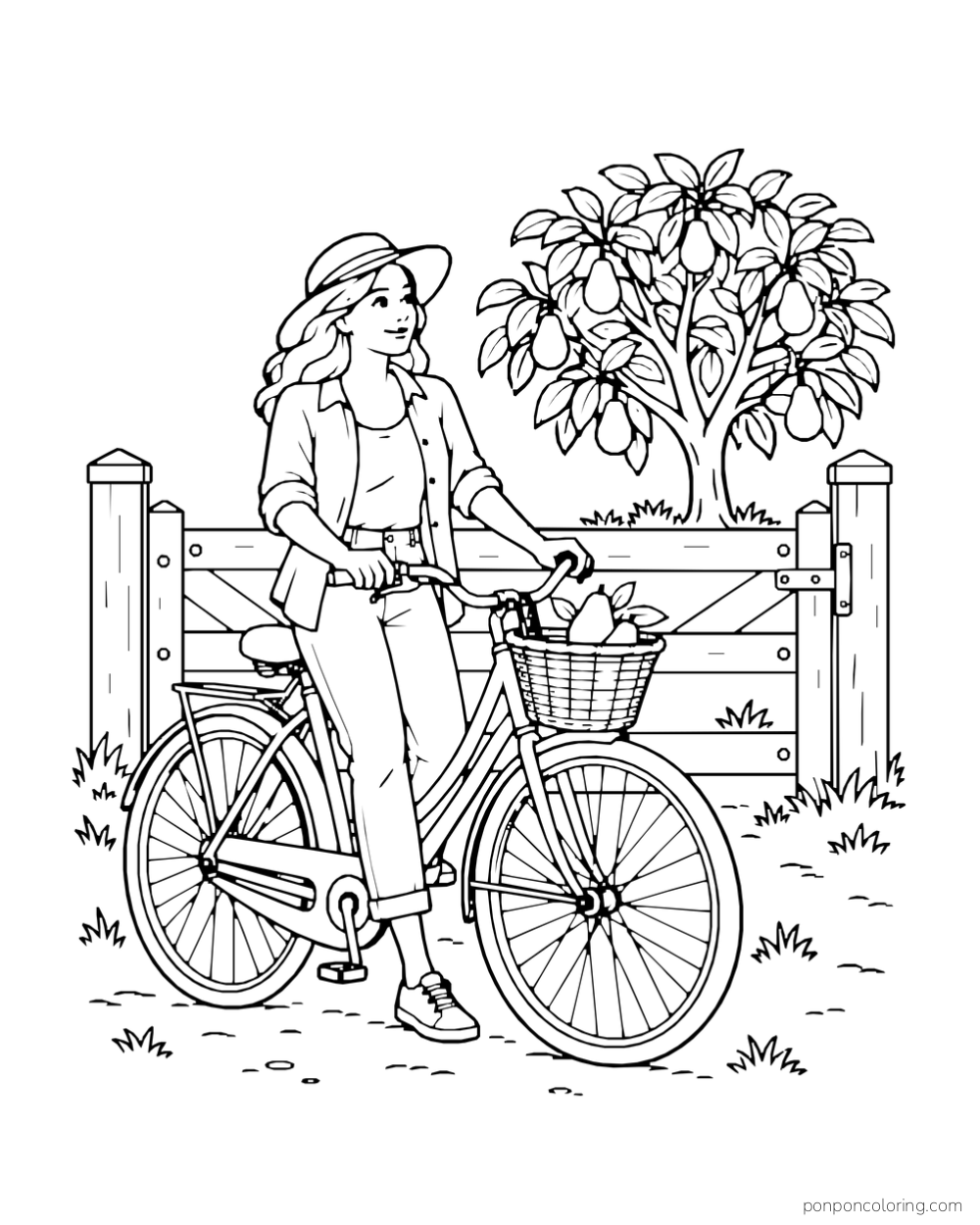 An adult cyclist pauses by an orchard gate with two avocados in the bicycle basket.