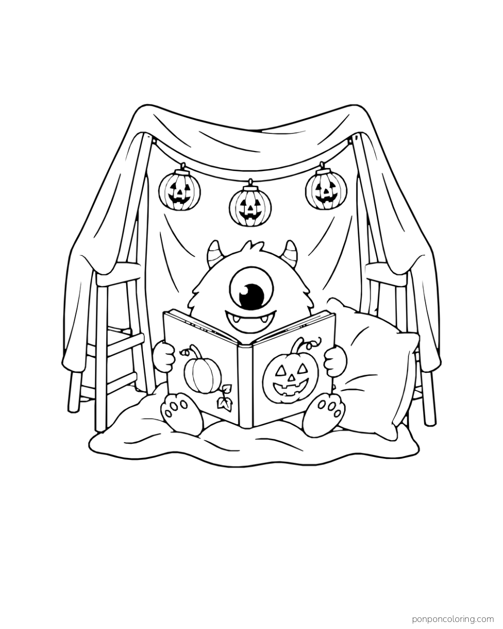 A friendly one-eyed monster reads a pumpkin picture book in a blanket fort hung with three paper lanterns.