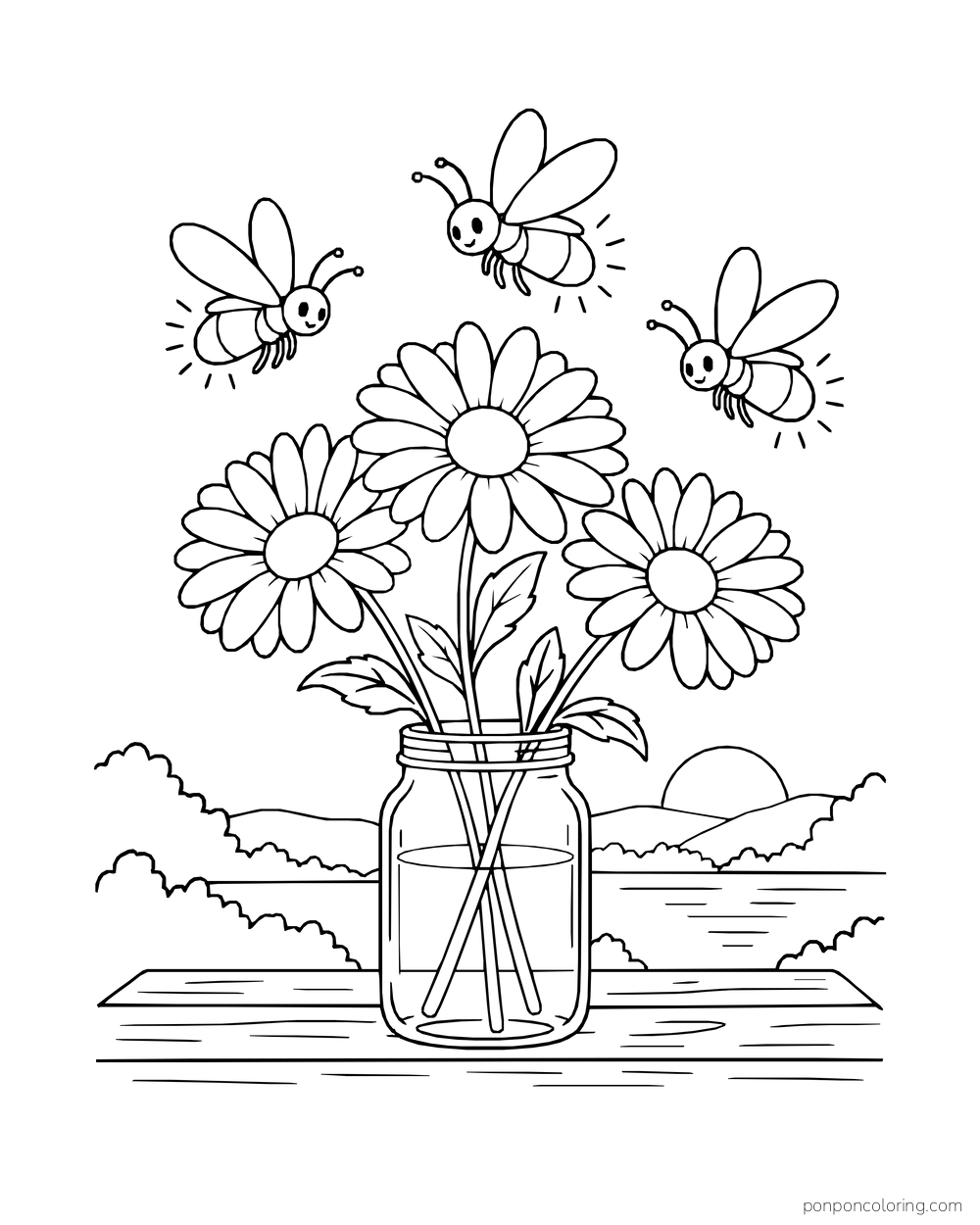 Daisies in a glass jar stand near a quiet water view while three fireflies hover above.