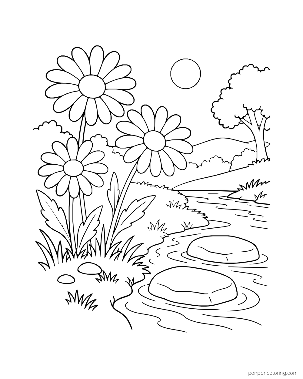 Three daisies grow beside a creek with broad stepping stones and a tree beyond.