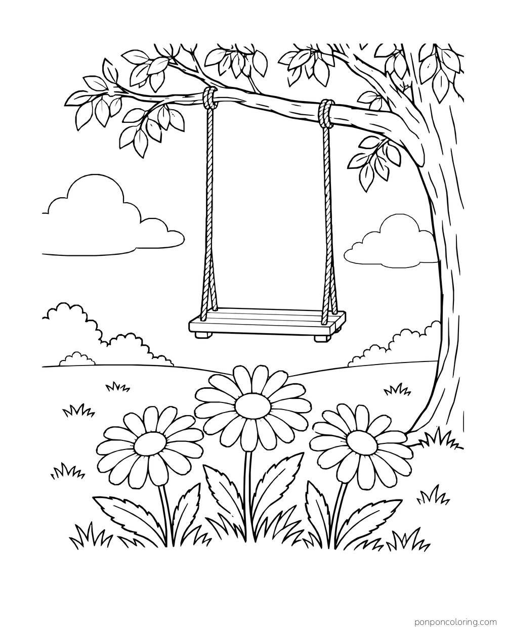 An empty wooden swing hangs from a tree above a patch of three daisies.