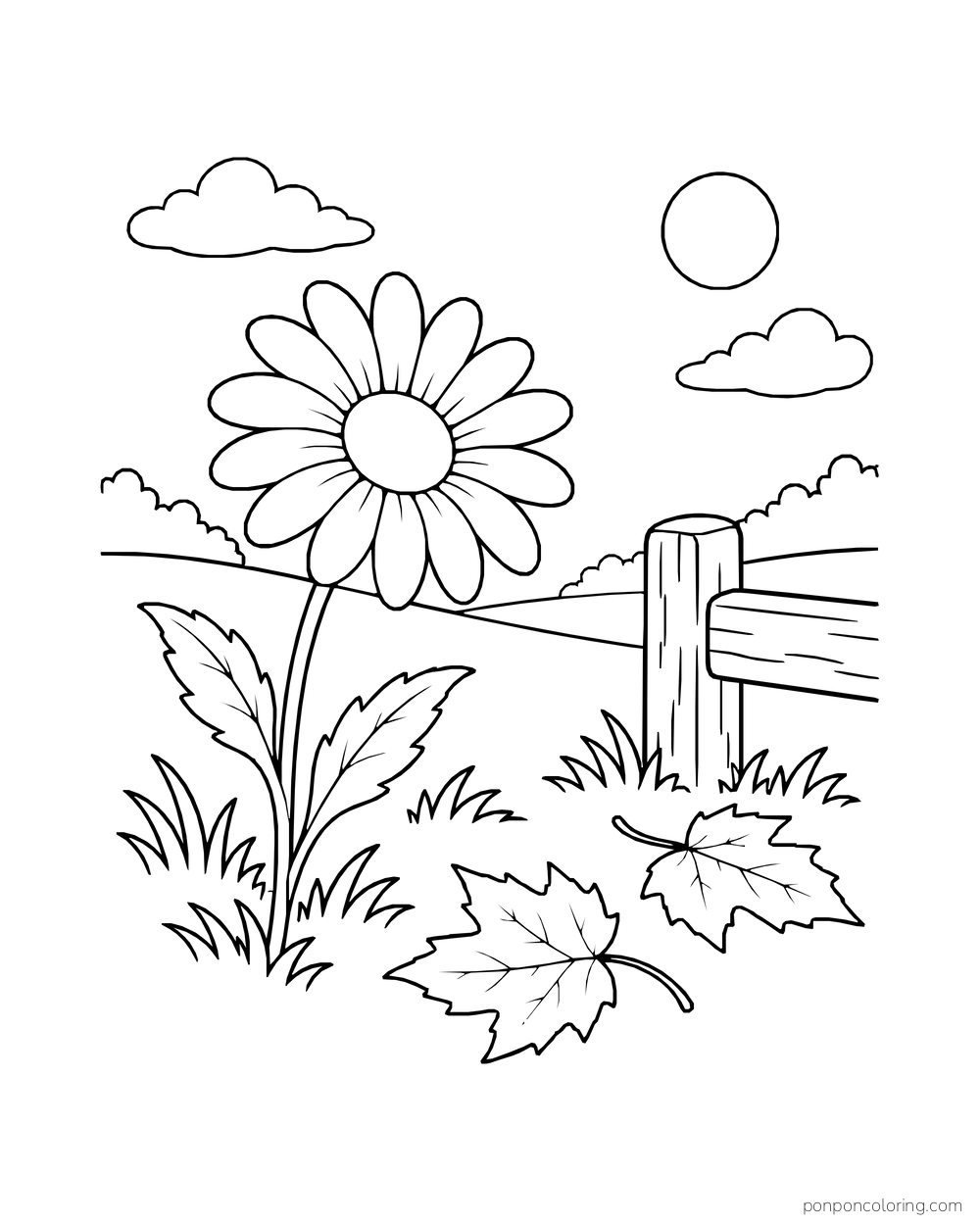 A daisy stands near a low fence as two autumn leaves fall below a round sun.