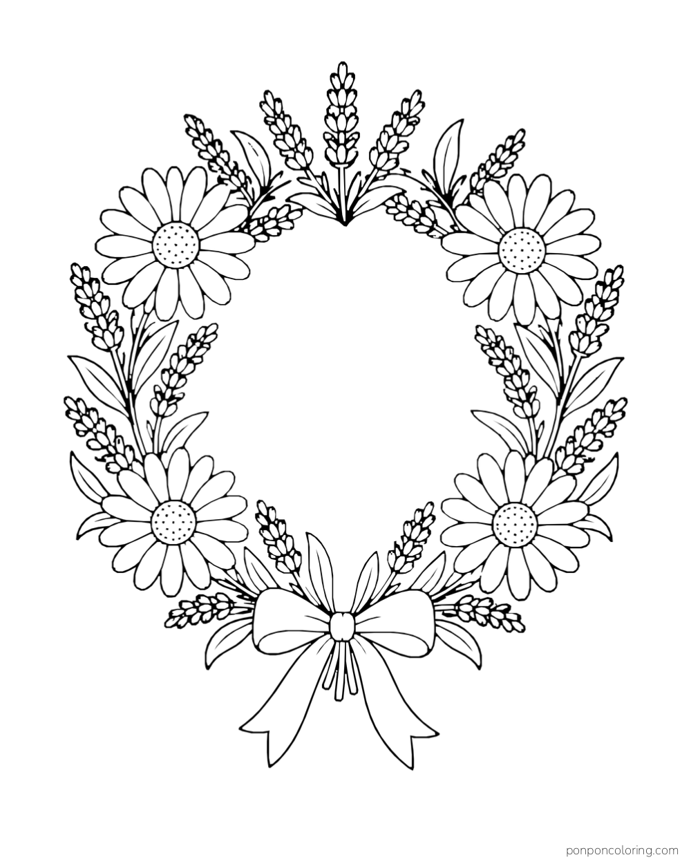 Four daisies and sprigs of lavender form a round wreath tied with a ribbon bow.