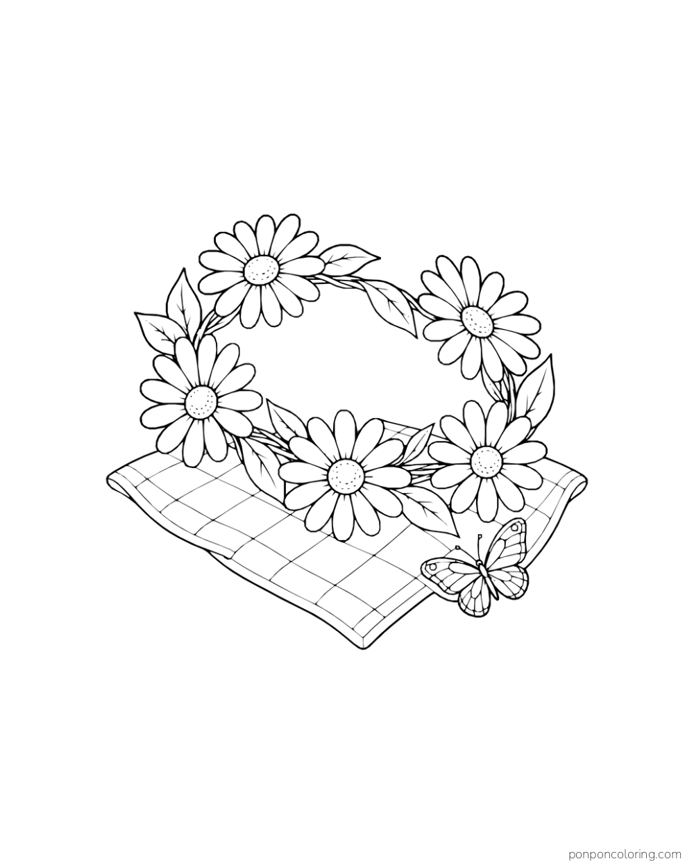 A crown of five daisies and broad leaves resting on a checkered cloth, with a butterfly near the front corner.