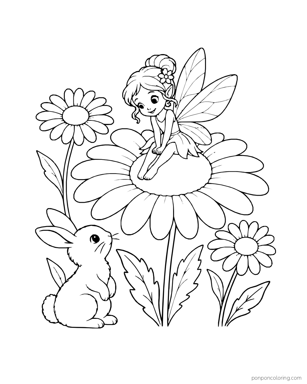 A tiny winged fairy sits on the center of a giant daisy while a rabbit looks up.