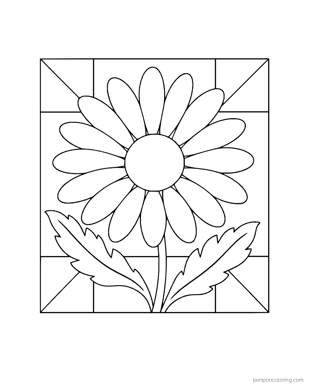 A large daisy fills a square patchwork tile with broad geometric panels.