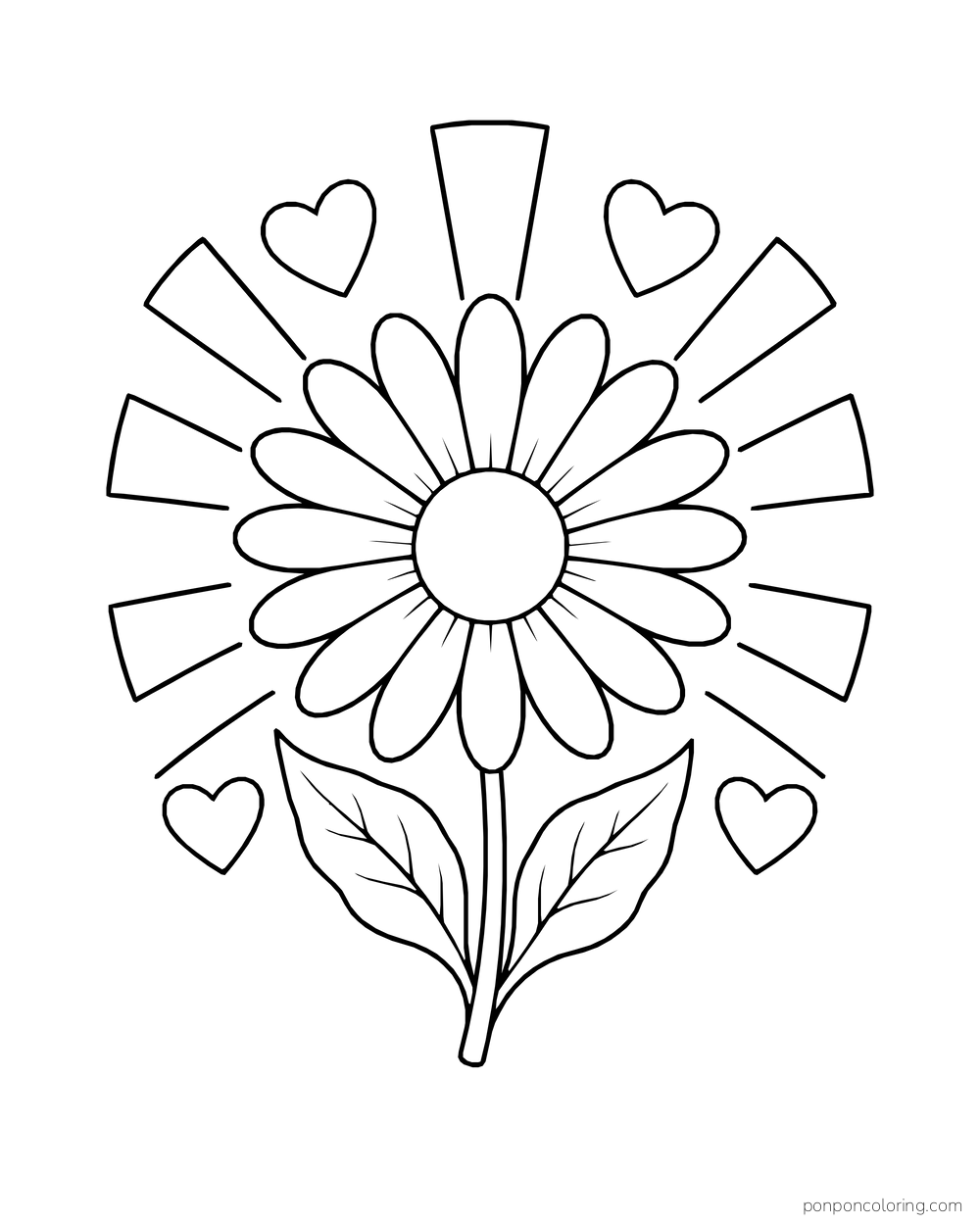 A daisy stands before broad sun rays with small hearts around it.