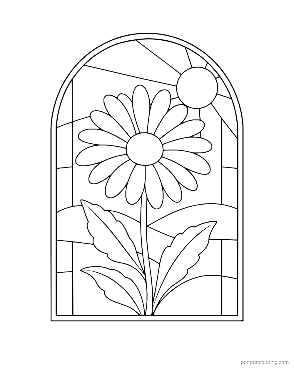 A tall daisy sits in an arched stained-glass window with broad panes and a small sun.