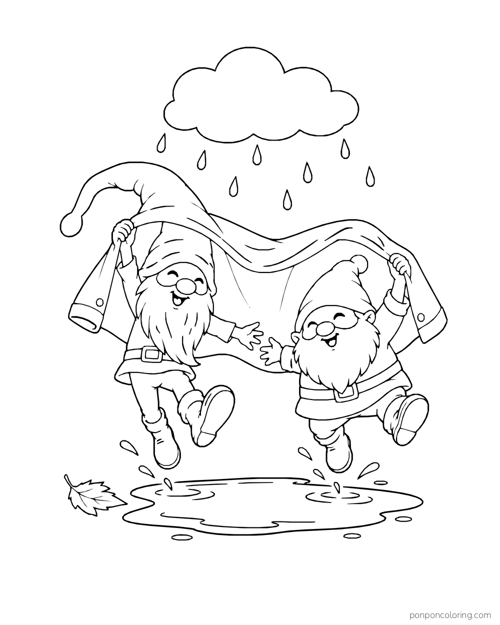 Two gnomes holding a coat overhead and jumping together into a puddle.