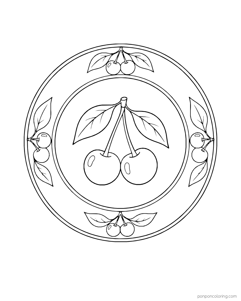 A round decorative plate has a central cherry pair and small fruit motifs on its rim.
