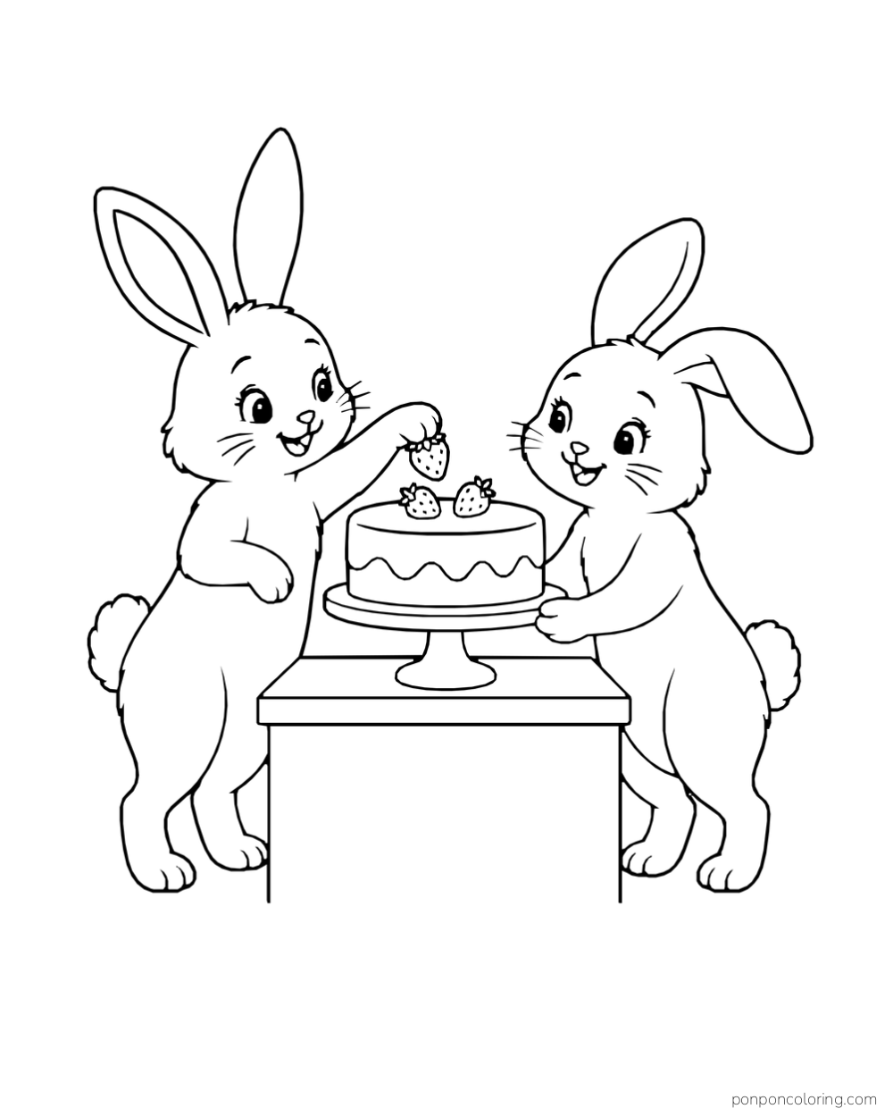 Two rabbits place three berries on a cake at a compact counter.