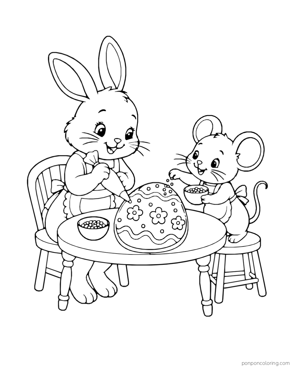 A rabbit pipes icing onto a large egg-shaped cookie while a mouse adds small sugar decorations.