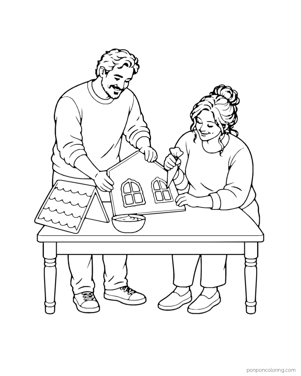 Two adults decorate a gingerbread house wall with icing at a table.