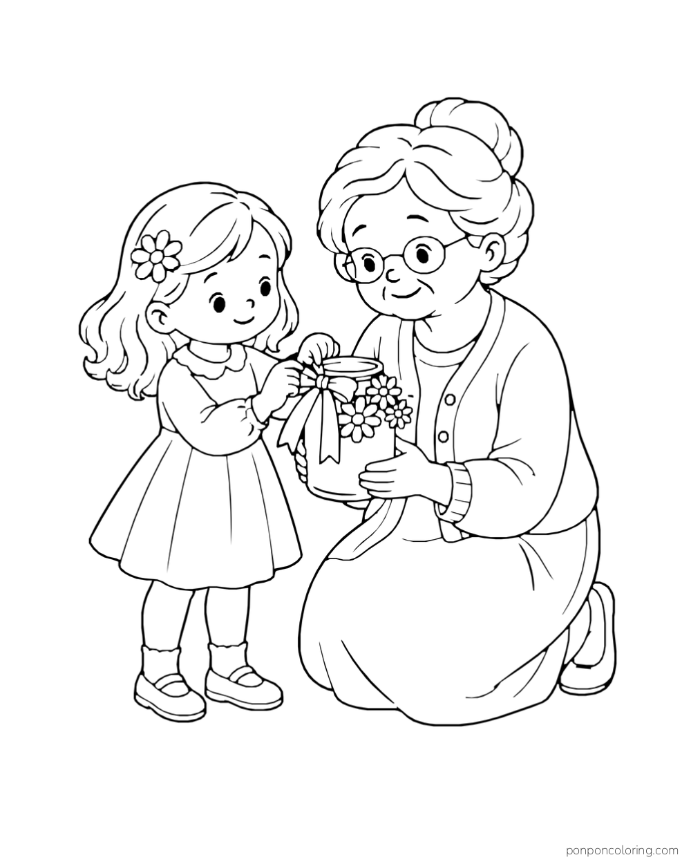 A girl and her grandmother tie a ribbon around a jar decorated with flowers.