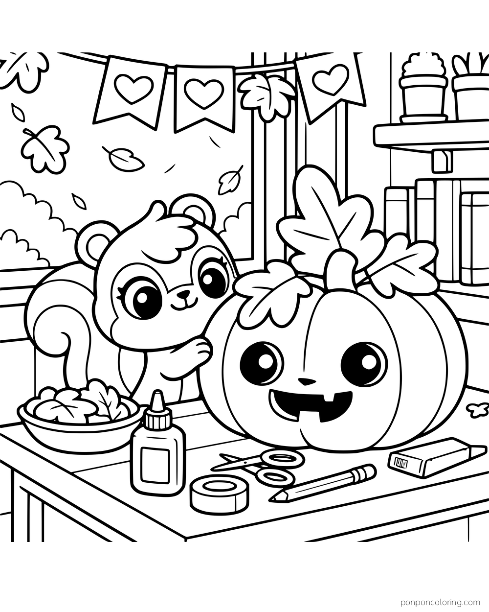 A smiling character works on a large pumpkin at a table with brushes, jars, leaves, and small craft supplies.