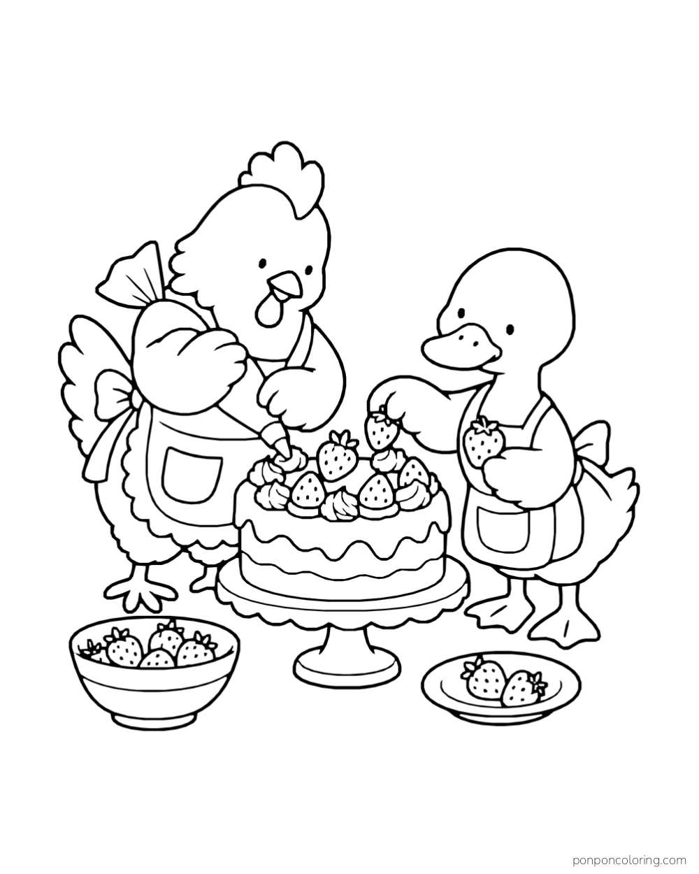 A hen pipes frosting while a duck places strawberries on a cake.