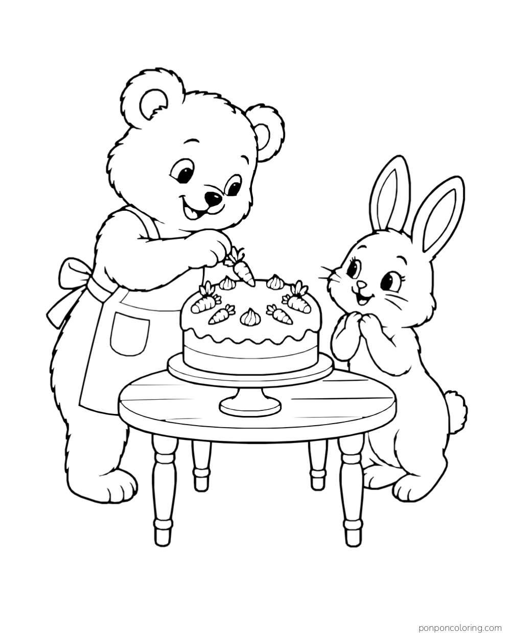 A bear adds a tiny carrot decoration to a frosted cake while a rabbit watches beside the table.