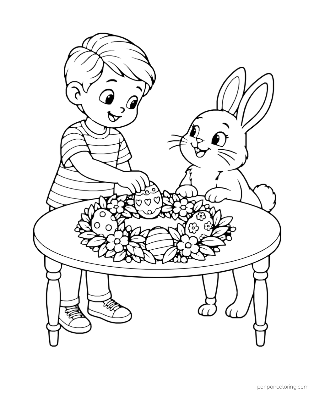 A boy in a striped shirt and a rabbit add patterned eggs to a wreath of flowers and leaves.