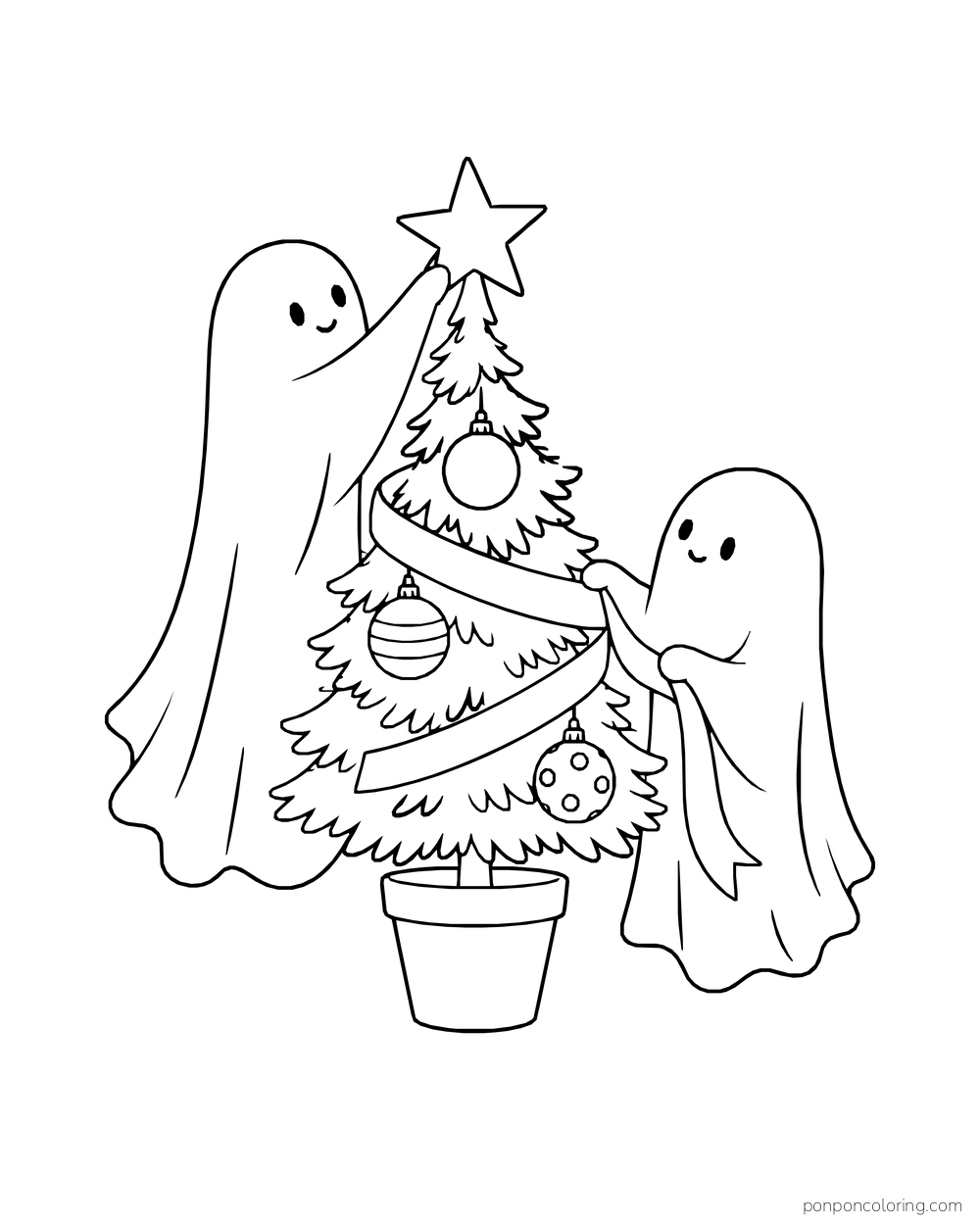 Two ghosts decorate a small tree topped with a star.