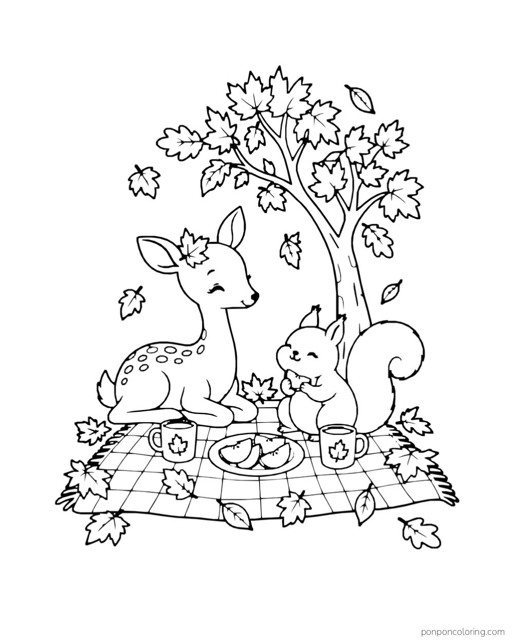 A deer and squirrel sit together on a blanket under a leafy tree, with a small plate between them.