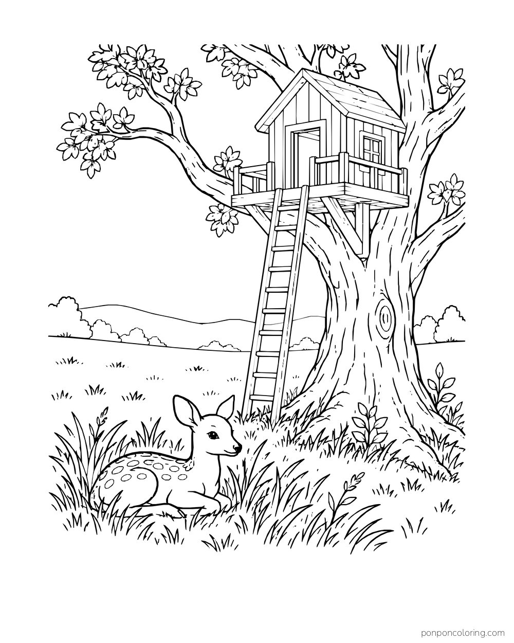 A deer rests in the grass below a high treehouse with a ladder.