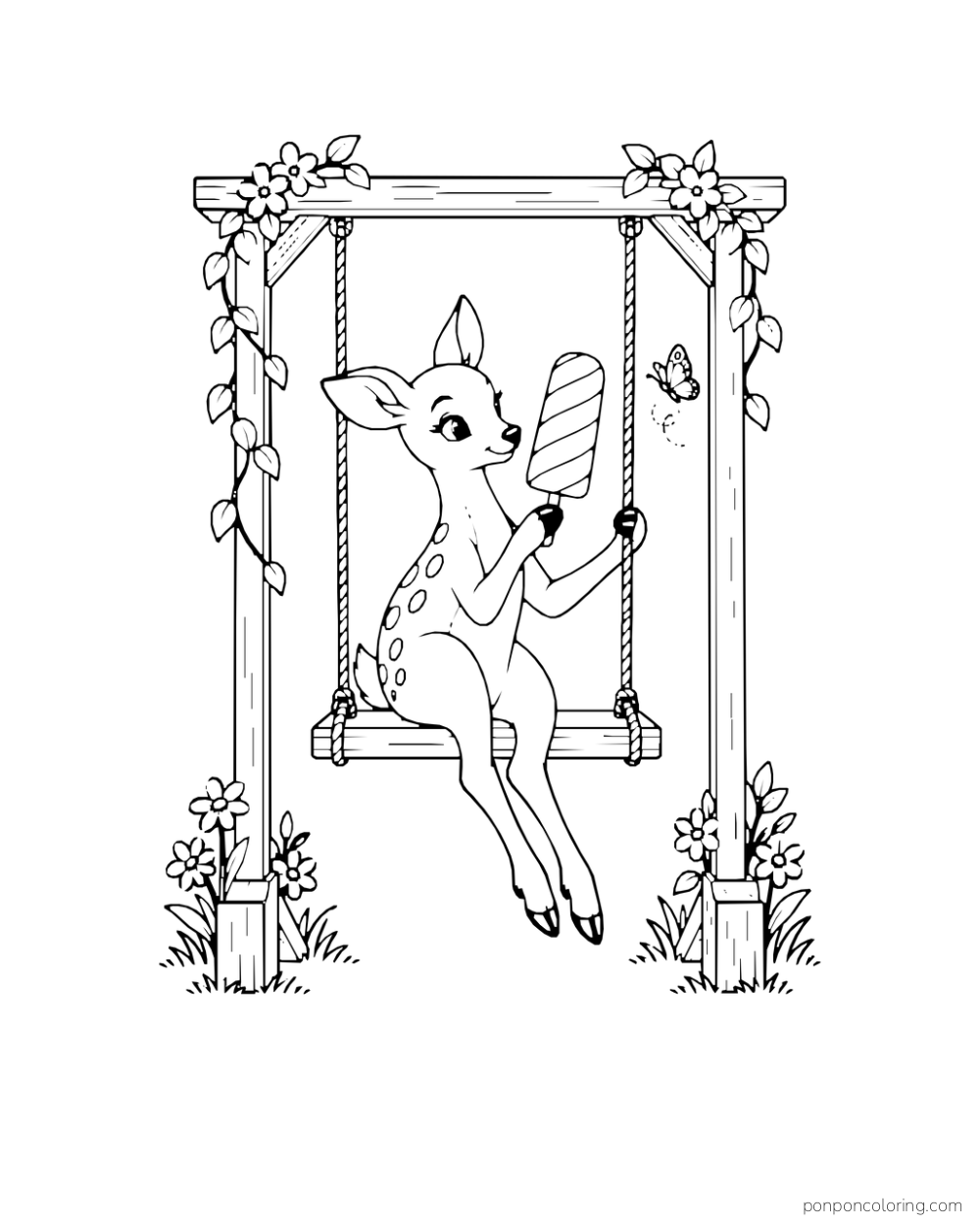 A young deer sits on a garden swing holding a striped ice pop.