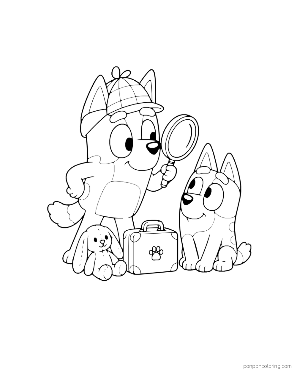 Bluey wears a detective hat and holds a magnifying glass beside Bingo, a suitcase, and a toy bunny.