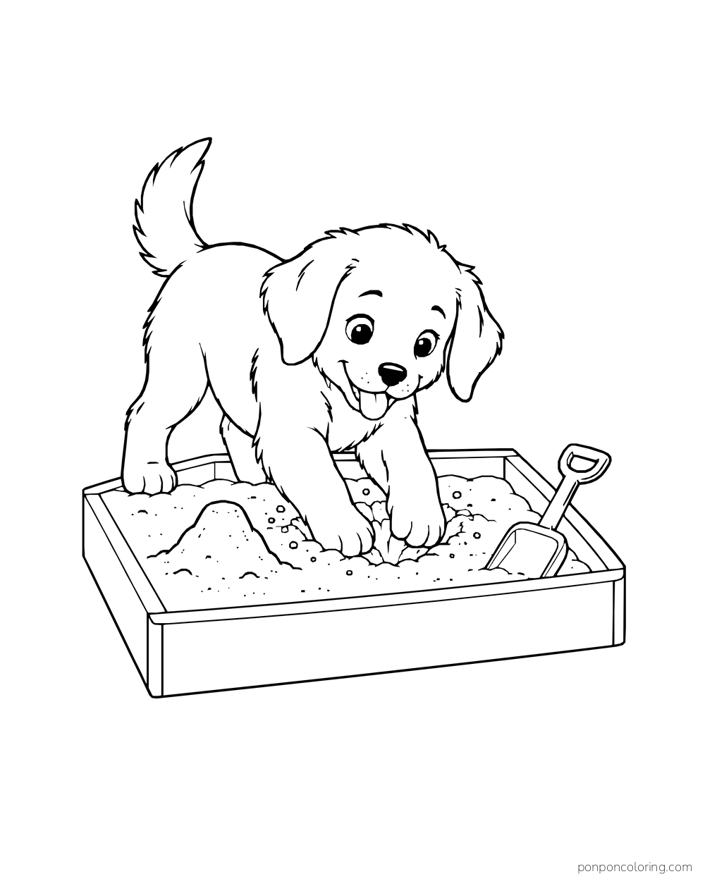 A puppy digs with both front paws in a low sandbox beside a toy shovel.