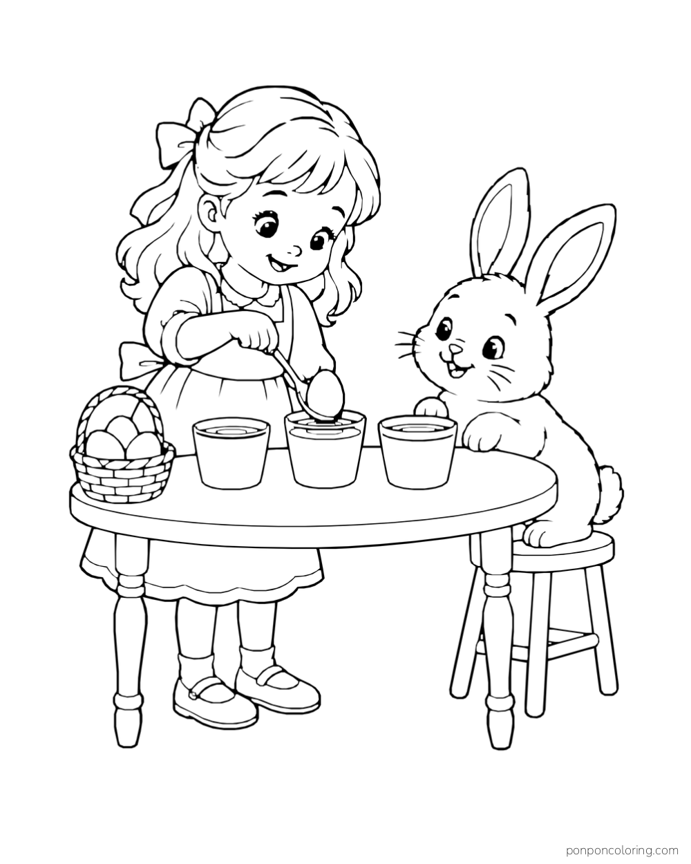 A child in an apron dips an egg into a cup of dye while a rabbit watches beside two more cups.