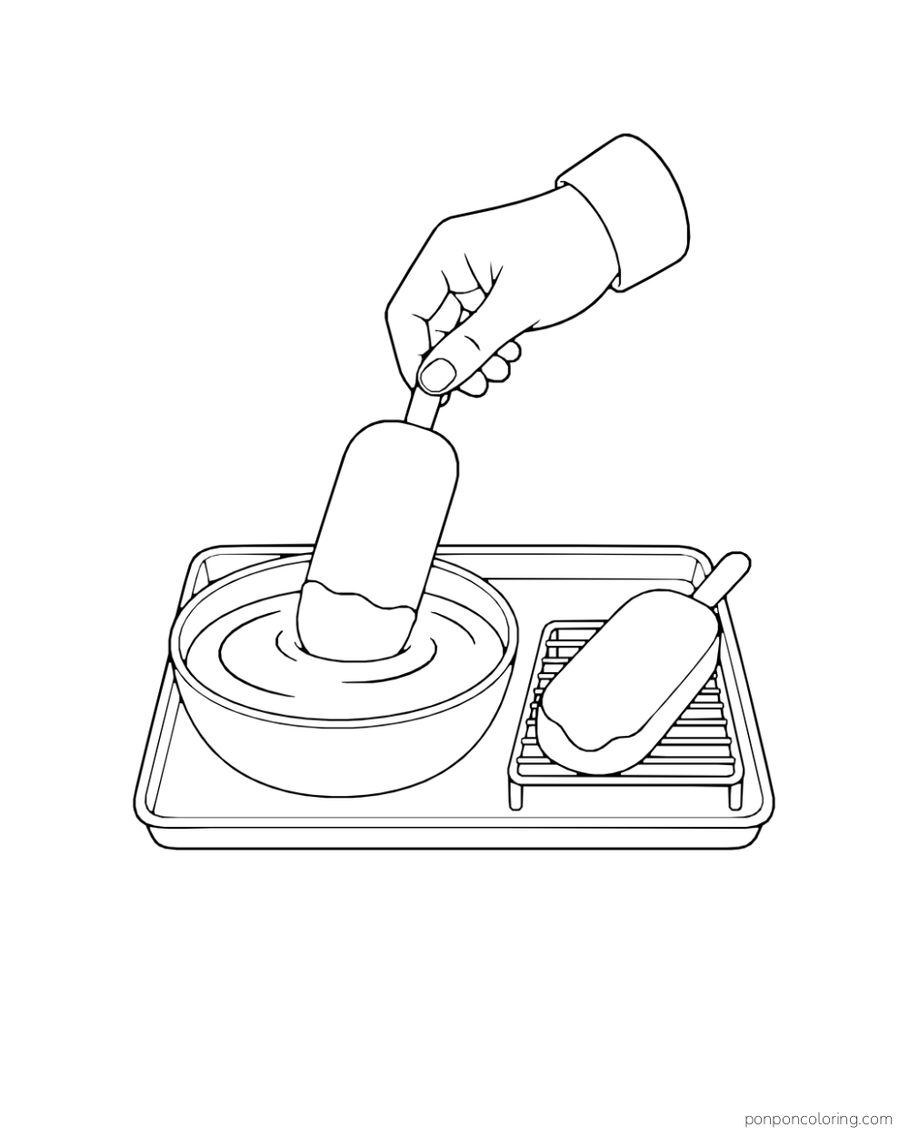 A hand dips an ice cream bar into a bowl while a second bar rests on a rack.