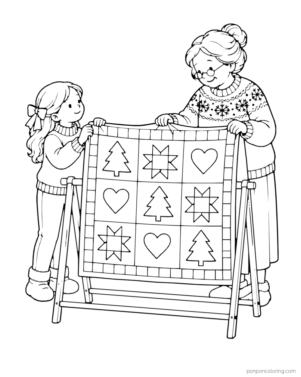 A grandmother and child hold a quilt with trees, stars, and hearts above a wooden rack.