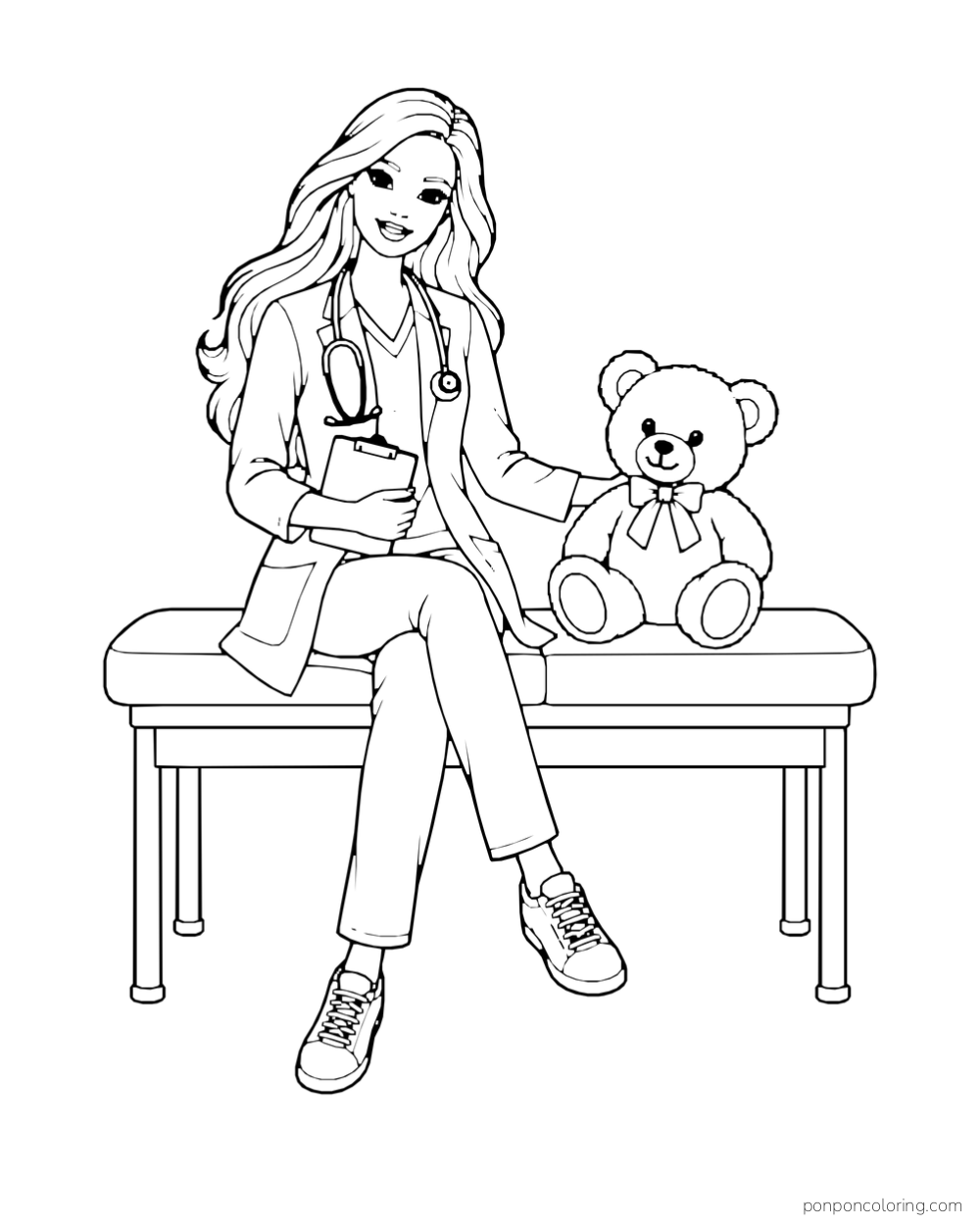 Barbie wears a stethoscope and holds a clipboard while sitting beside a teddy bear on an examination bench.