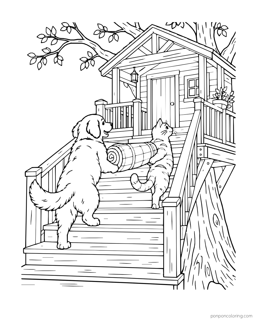 A dog and cat stand beside a rolled blanket on broad stairs leading to a treehouse.