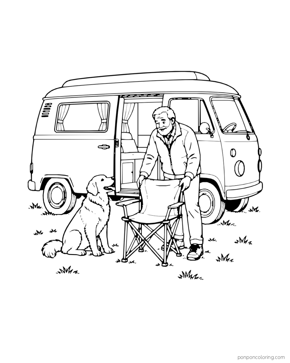 A camper opens a folding chair beside a parked camper van while a dog waits nearby.
