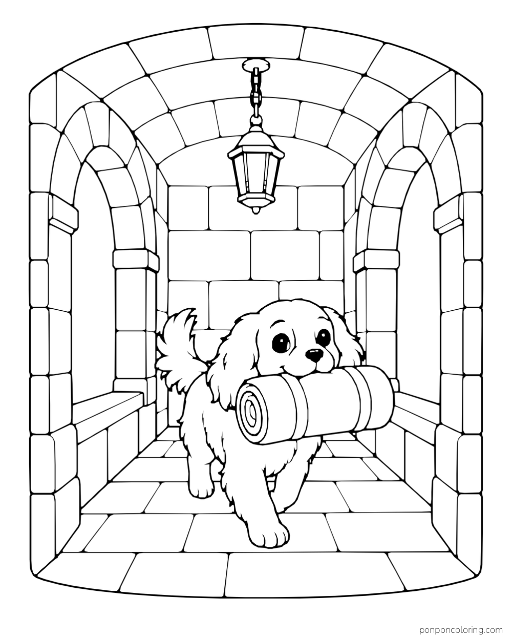 A dog carrying a rolled object along a stone castle corridor beneath a hanging lantern.