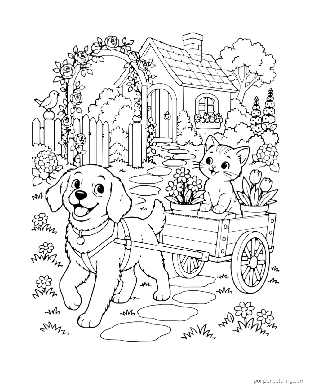 A dog pulls a small wooden cart holding potted flowers and a cat along a garden path.