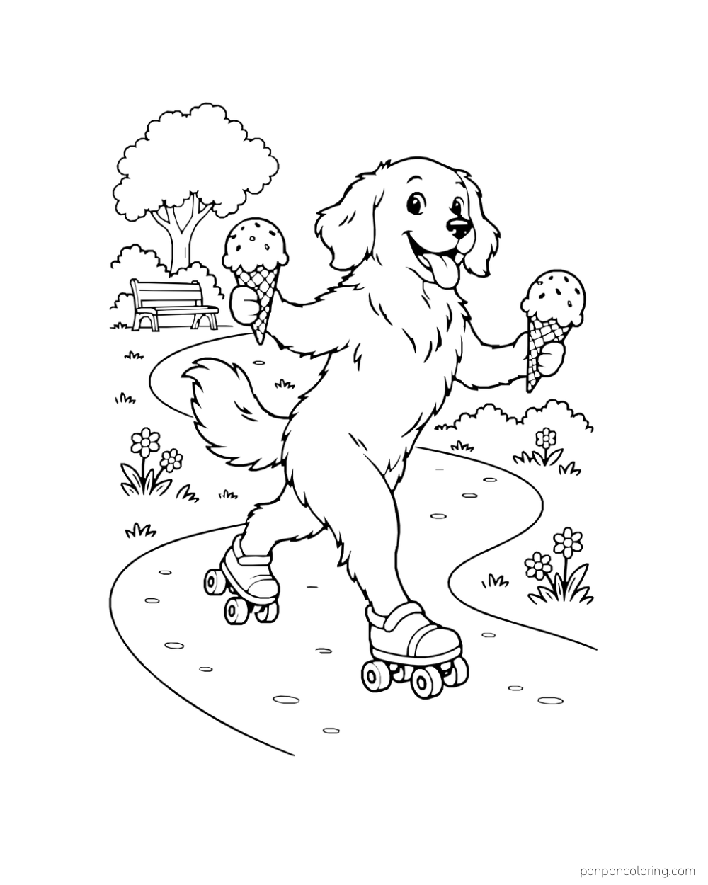 A dog glides on roller skates while carrying two ice cream cones along a short park path.