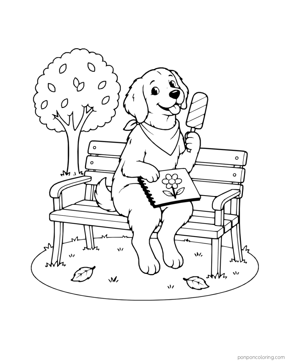 A dog sits on a park bench holding a striped ice pop beside an open sketchbook with a flower drawing.